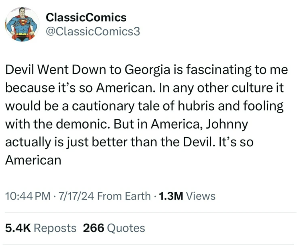 screenshot - ClassicComics Devil Went Down to Georgia is fascinating to me because it's so American. In any other culture it would be a cautionary tale of hubris and fooling with the demonic. But in America, Johnny actually is just better than the Devil. 